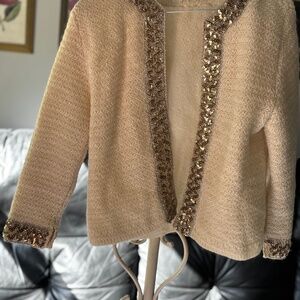 White Knit Cardigan with wide metallic sequin trim